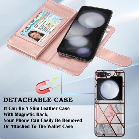 حافظة Takfox Galaxy Z Flip 5، لهاتف Samsung Z Flip5 5G، حافظة محفظة، للنساء والرجال [9 فتحات للبطاقات] حامل بطاقة الائتمان وغطاء قابل للطي من جلد البولي يوريثان، حافظة هاتف مغناطيسية قابلة للفصل [مسند] وحبل من الرخام in Kuwait