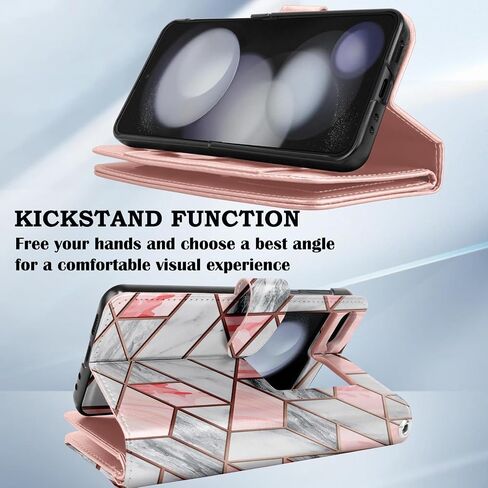 حافظة Takfox Galaxy Z Flip 5، لهاتف Samsung Z Flip5 5G، حافظة محفظة، للنساء والرجال [9 فتحات للبطاقات] حامل بطاقة الائتمان وغطاء قابل للطي من جلد البولي يوريثان، حافظة هاتف مغناطيسية قابلة للفصل [مسند] وحبل من الرخام in Kuwait