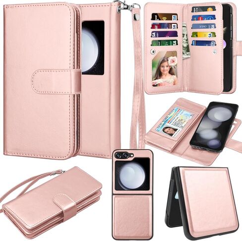 Takfox Galaxy Z Flip 5 Case, for Samsung Z Flip5 5G Wallet Case, Women Men [9 Card Slots] ID Credit Card Holder Folio Flip Cover PU Leather Magnetic Detachable Phone Case [Kickstand] & Lanyard-Black in Kuwait