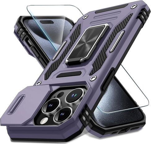DEERLAMN Case for iPhone 15 Pro Max with Slide Camera Cover+Screen Protector(1 Pack), Rotated Ring Kickstand Military Grade Shockproof Protective Cover 6.7 Inch-Black in Saudi Arabia