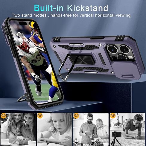 DEERLAMN Case for iPhone 15 Pro Max with Slide Camera Cover+Screen Protector(1 Pack), Rotated Ring Kickstand Military Grade Shockproof Protective Cover 6.7 Inch-Black in Saudi Arabia