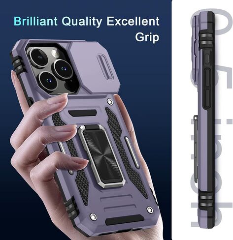 DEERLAMN Case for iPhone 15 Pro Max with Slide Camera Cover+Screen Protector(1 Pack), Rotated Ring Kickstand Military Grade Shockproof Protective Cover 6.7 Inch-Black in Saudi Arabia