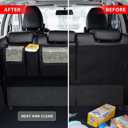 منظم وتخزين صندوق السيارة من eing، منظم تعليق المقعد الخلفي لسيارات الدفع الرباعي والشاحنات وMPV، مقاوم للماء، حقيبة تخزين البضائع القابلة للطي مع 5 جيوب، ملحقات داخلية للسيارة لامعة للنساء، أبيض in Kuwait