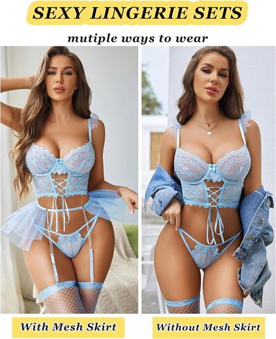 Avidlove 3pc Garter Set Women's Sexy Lingerie Underwire Push Up Cute Lingerie With Mini Skirts (Light Blue, Large) in Saudi Arabia