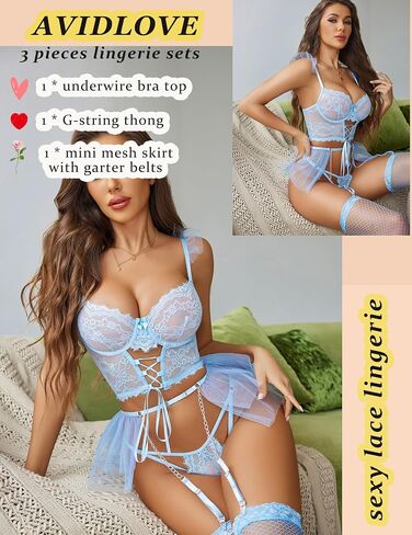 Avidlove 3pc Garter Set Women's Sexy Lingerie Underwire Push Up Cute Lingerie With Mini Skirts (Light Blue, Large) in Saudi Arabia