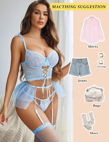 Avidlove 3pc Garter Set Women's Sexy Lingerie Underwire Push Up Cute Lingerie With Mini Skirts (Light Blue, Large) in Saudi Arabia