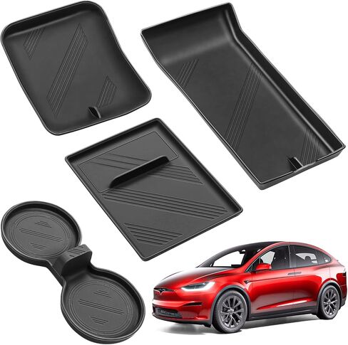 4 قطع صينية تنظيم وحدة التحكم المركزية متوافقة مع طراز Tesla X/S، حصيرة تخزين مسند الذراع لملحقات داخلية طراز Tesla Model X/S 2022-2023، منظم مسند ذراع وحدة التحكم العلوية والسفلية، أسود in Kuwait