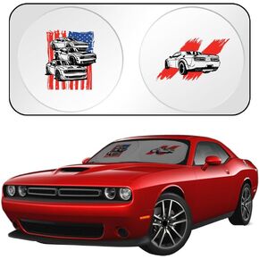 Car Windshield Sun Shade with Unique Logo Compatible for Dodge Challenger Blocks UV Rays Sun Visor Protector Front Window Sunshade Visor Accessories (American Flag, Challenger)