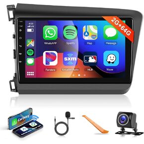 2G+64G for 2012 2013 2014 2015 Honda Civic Car Radio Stereo, Wireless CarPlay/Android Auto/MirrorLink, podofo 9" HD IPS Touch Screen Bluetooth Radio GPS WiFi HiFi Audio USB SWC Backup Camera