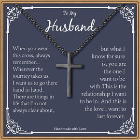Husband Gifts from Wife, Silver/Black Cross Necklace Cuban Chain for Husband, Anniversary Christmas Birthday Valentines Day Gifts for Him