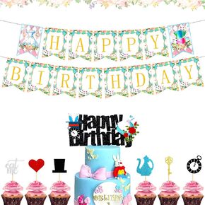 LaVenty 3 PCS Alice Birthday Cake Topper Tea Party Birthday Banner Alice Party Decoration Mad Hatters Party Supplies Tea Birthday Party Supplies Alice Party Supplies