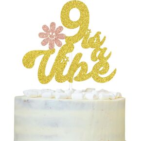Happy 9th Birthday Cake Topper, 9 is a Vibe, Cheers to 9 Years, Glittery Groovy Daisy 9th Birthday Party Decorations Supplies
