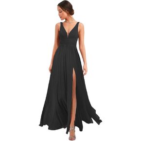 Loyeloy Women's Deep V Neck Bridesmaid Dresses with Slit 2023 Chiffon Pleats A Line Formal Party Dresses with Pockets YJ120