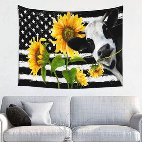 American Flag Sunflower Cow Tapestry Aesthetic Trippy Wall Art Funny Hanging Tapestries For Bedroom Teen Girl Livingroom Home Decor Outdoor Party Beach Blanket 28.7W X 37.4H