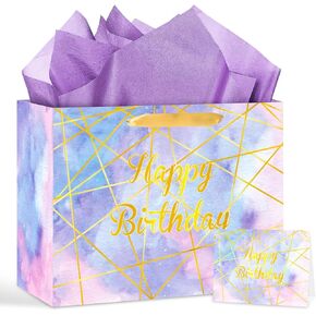 Marble Birthday Gift Bags Large Colorful Happy Birthday Gift Bag with Tissue Paper Greeting Card Cmarble Pattern Birthday Wrapping Bag Purple Pink Present Paper Bag for Men Women Birthday Party Favor