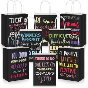 Berlune 24 Pcs Motivational Black Gift Bags with Handles Black Paper Bags Inspirational Quote Small Gift Kraft Paper Pack with Handles for Retail, Business, Party Favors