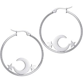 555Jewelry Stainless Steel Celestial Moon & Stars Hoop Earrings for Women & Girls