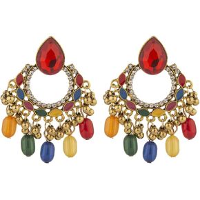 Bollywood Chandelier Statement Tassel Dangle Earrings Antique Gold Enamel Bohemian Rhinestone Beaded Jhumka Drop Dangling Stud Lightweight Vintage Indian Jewelry Holiday Gifts for Women Girls