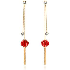 Red Lantern Dangle Drop Earrings for Women Girls Sterling Silver Post Pin Chinese Style Cubic Zirconia Threaded Beaded Balls Statement Charm Long Chain Tassel Earring Piercing Dangling Studs Fashion Elegant CZ Crystal Jewelry Birthday Gifts Bff Daughter G