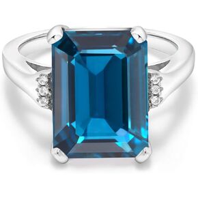 Gem Stone King 925 Sterling Silver London Blue Topaz Women Ring (9.57 Ct Emerald Cut 14X10MM, Gemstone Birthstone, Available in size 5, 6, 7, 8, 9)