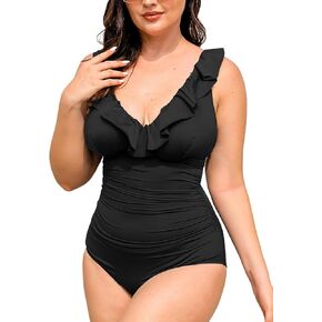 CUPSHE Women's One Piece Swimsuit Plus Size Ruffled V Neck Bathing Suit Retro Full Coverage Slimming Sculpting