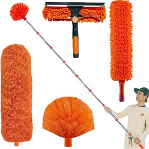 20 Foot High Reach Duster Kit with 3-14 ft Spliceable Pole // High Ceiling Dusting and Window Cleaning Tool // Window Washer & Squeegee, Cobweb Duster, Fan Blade and Feather Dusters