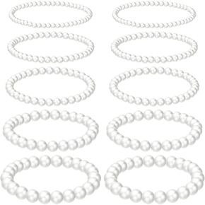 Kajaia 10 Pcs Faux Pearl Bracelets for Women Pearl Bracelets for Bridesmaid Stretch Beaded Bracelets for Wedding Bridal Party