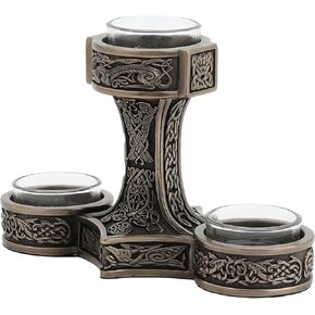 Veronese Design 4 7/8 Inch Tall Mjolnir Hammer of Thor Triple Head Tealight Candle Holder Viking Nordic Decor Cold Cast Bronzed Resin Sculpture
