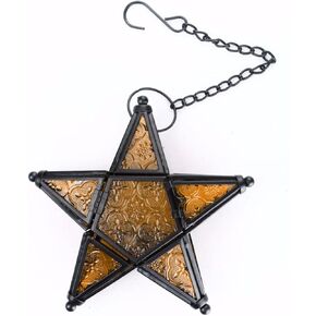Morocco Metal Star Glass Lantern Wall Hanging Candle Holder for Decorative Wedding Party Home Decoration Birthday Party (Green)