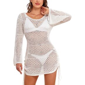 Cysincos Crochet Coverups for Women Swimwear Long Sleeve Hollow Out Knit Pullover Dress Swimsuits Bathing Suit Beach Coverups