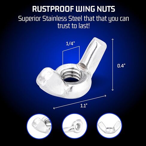 قطارة بولت 1/4"-20/3 صواميل جناح غير قابلة للصدأ (مجموعة من 25)، 18-8 (304) لمسة نهائية من الفولاذ المقاوم للصدأ - صامولة سداسية خشنة مضادة للتآكل - صواميل من الدرجة التجارية للقوارب والرصيف والسيارة - مقاومة للصدأ in Kuwait