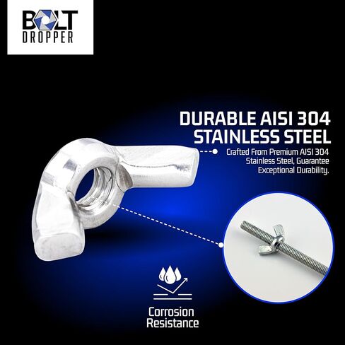 قطارة بولت 1/4"-20/3 صواميل جناح غير قابلة للصدأ (مجموعة من 25)، 18-8 (304) لمسة نهائية من الفولاذ المقاوم للصدأ - صامولة سداسية خشنة مضادة للتآكل - صواميل من الدرجة التجارية للقوارب والرصيف والسيارة - مقاومة للصدأ in Kuwait