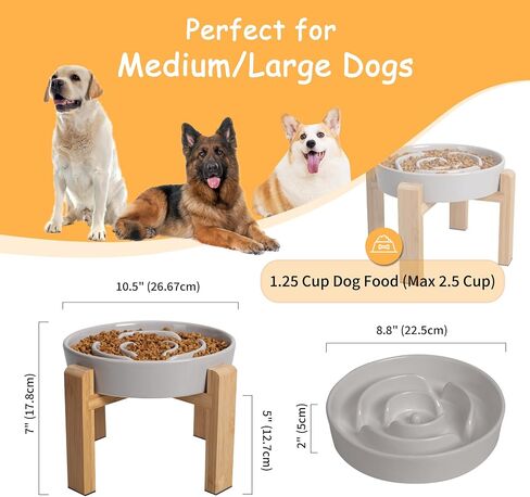Elevated Slow Feeder Dog Bowl - Raised Ceramic Dog Bowls with Anti-Slip Stand - Puzzle Maze Dog Food Bowl for Fast Eaters - Heavy Big Dog Dish - Designed for Medium and Large Dogs - Grey - 8.8 inch in Kuwait