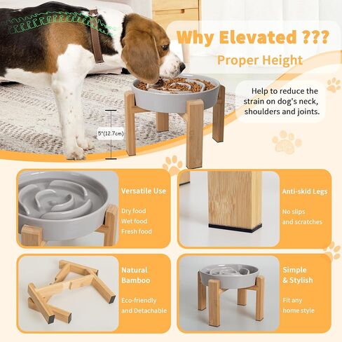 Elevated Slow Feeder Dog Bowl - Raised Ceramic Dog Bowls with Anti-Slip Stand - Puzzle Maze Dog Food Bowl for Fast Eaters - Heavy Big Dog Dish - Designed for Medium and Large Dogs - Grey - 8.8 inch in Kuwait