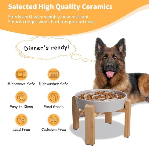 Elevated Slow Feeder Dog Bowl - Raised Ceramic Dog Bowls with Anti-Slip Stand - Puzzle Maze Dog Food Bowl for Fast Eaters - Heavy Big Dog Dish - Designed for Medium and Large Dogs - Grey - 8.8 inch in Kuwait