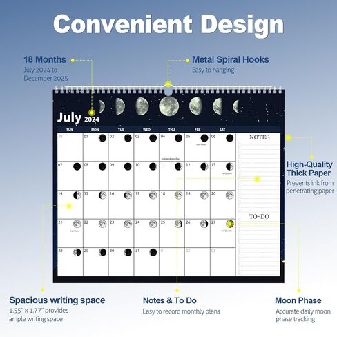2024-2025 Wall Calendar - Moon Phase Calendar, 18 Month Calendar July 2024-2025, 14" x 12" Lunar Calendar with Moon Tracking, Twin-Wire Binding, Hanging Hook, Stickers, Thick Paper Organizing & Planning in Saudi Arabia