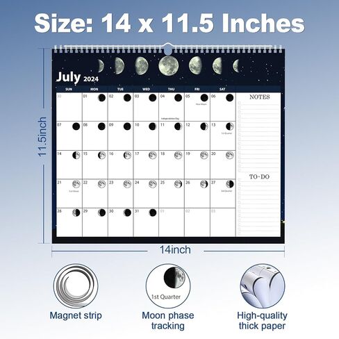 2024-2025 Wall Calendar - Moon Phase Calendar, 18 Month Calendar July 2024-2025, 14" x 12" Lunar Calendar with Moon Tracking, Twin-Wire Binding, Hanging Hook, Stickers, Thick Paper Organizing & Planning in Saudi Arabia