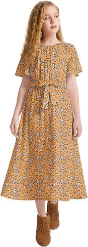 LaBeca Girls Elastic Crew Neck Butterfly Short Sleeve Midi Belted Dress with Pocket Ginger Floral 140Y in Saudi Arabia