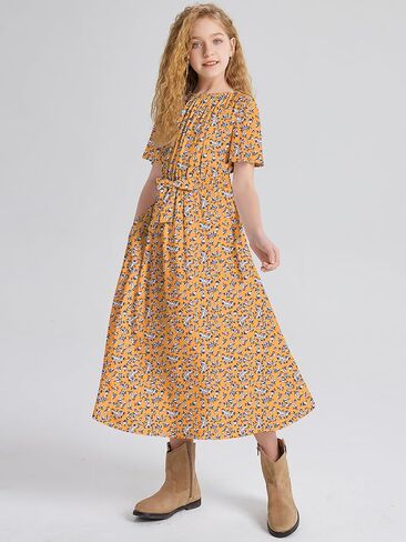 LaBeca Girls Elastic Crew Neck Butterfly Short Sleeve Midi Belted Dress with Pocket Ginger Floral 140Y in Saudi Arabia