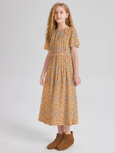 LaBeca Girls Elastic Crew Neck Butterfly Short Sleeve Midi Belted Dress with Pocket Ginger Floral 140Y in Saudi Arabia