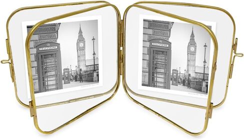 Isaac Jacobs 2x3 Vintage Style, Double-Sided Round-Edged Brass & Glass Metal Floating Picture Frame with Locket Closure (Vertical), Made for Tabletop Display (2x3, Antique Gold) in Saudi Arabia