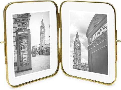 Isaac Jacobs 2x3 Vintage Style, Double-Sided Round-Edged Brass & Glass Metal Floating Picture Frame with Locket Closure (Vertical), Made for Tabletop Display (2x3, Antique Gold) in Saudi Arabia