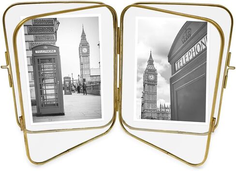 Isaac Jacobs 2x3 Vintage Style, Double-Sided Round-Edged Brass & Glass Metal Floating Picture Frame with Locket Closure (Vertical), Made for Tabletop Display (2x3, Antique Gold) in Saudi Arabia