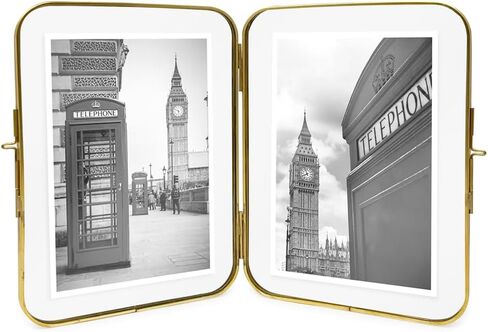 Isaac Jacobs 2x3 Vintage Style, Double-Sided Round-Edged Brass & Glass Metal Floating Picture Frame with Locket Closure (Vertical), Made for Tabletop Display (2x3, Antique Gold) in Saudi Arabia