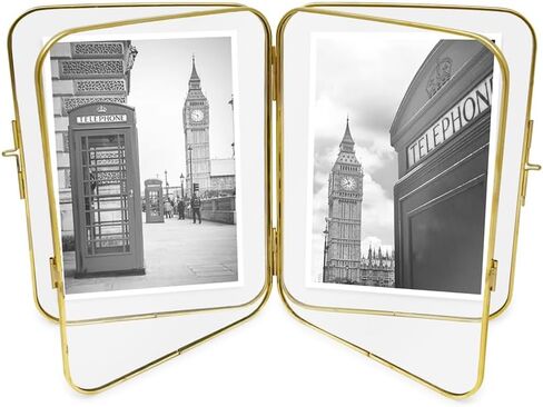 Isaac Jacobs 2x3 Vintage Style, Double-Sided Round-Edged Brass & Glass Metal Floating Picture Frame with Locket Closure (Vertical), Made for Tabletop Display (2x3, Antique Gold) in Saudi Arabia