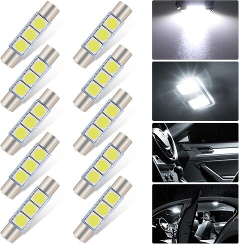 Pack-10 مصابيح قراءة LED للسيارة، مصابيح سقف 1.1 بوصة × 0.2 بوصة، استبدال إضاءة السيارات، عالمية لمعظم السيارات وسيارات الدفع الرباعي والشاحنات الصغيرة (أبيض) in Saudi Arabia