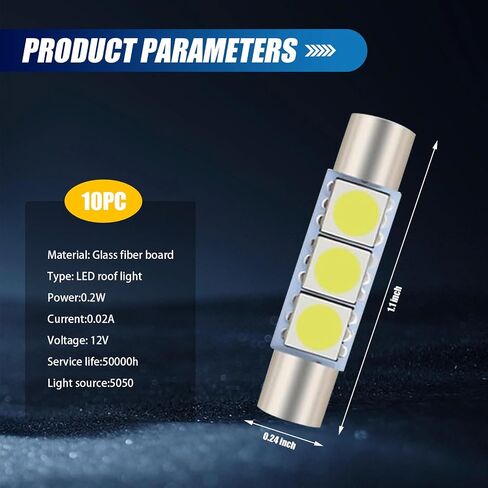Pack-10 مصابيح قراءة LED للسيارة، مصابيح سقف 1.1 بوصة × 0.2 بوصة، استبدال إضاءة السيارات، عالمية لمعظم السيارات وسيارات الدفع الرباعي والشاحنات الصغيرة (أبيض) in Saudi Arabia