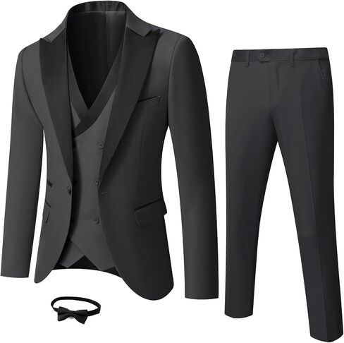 YND Men's 3 Piece Slim Fit Wedding Tuxedo Set, Peak Lapel One Button Suit Jacket, Double Breasted Vest Pants with Bow Tie in Kuwait