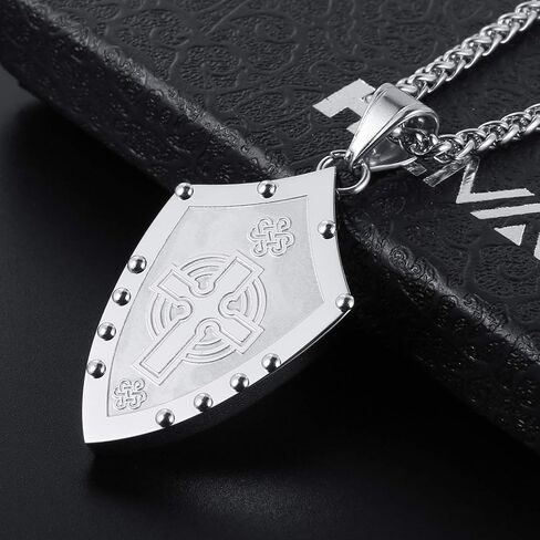 HZMAN Men's Warriors Medieval Shield Celtic Knot Irish Cross Stainless Steel Pendant Necklace Silver/Gold (Silver) in Saudi Arabia