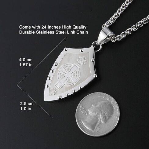 HZMAN Men's Warriors Medieval Shield Celtic Knot Irish Cross Stainless Steel Pendant Necklace Silver/Gold (Silver) in Saudi Arabia